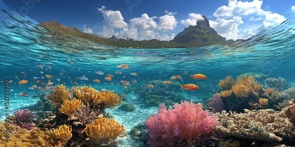 Fototapeta Tropical coral reef with vibrant fish and a mountain backdrop