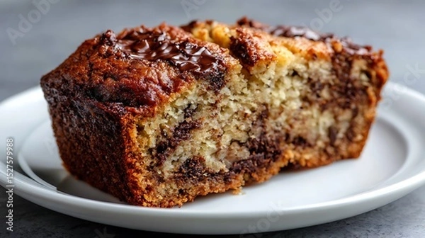 Fototapeta Decadent Chocolate Swirl Banana Bread Slice on a White Plate