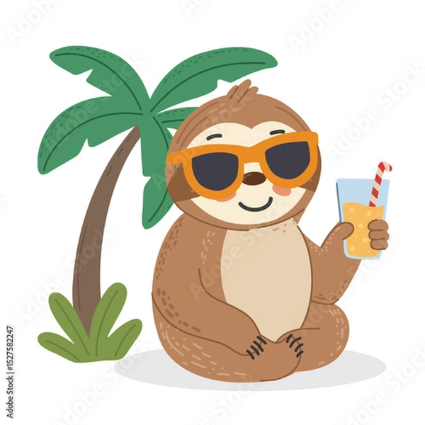 Fototapeta Sloth under palm with sunglasses and glass of juice. Smiling and relaxing in a tropical setting. Perfect for summer, vacation, or kids designs.