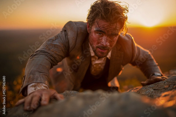 Obraz midlife businessman reaching cliff top back view