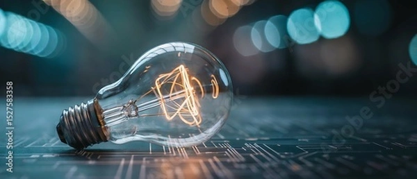 Fototapeta Brilliant Idea: Glowing Filament Light Bulb on Circuit Board