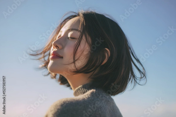 Obraz 風に髪をなびかせて微笑む若い日本人女性のアップポートレート