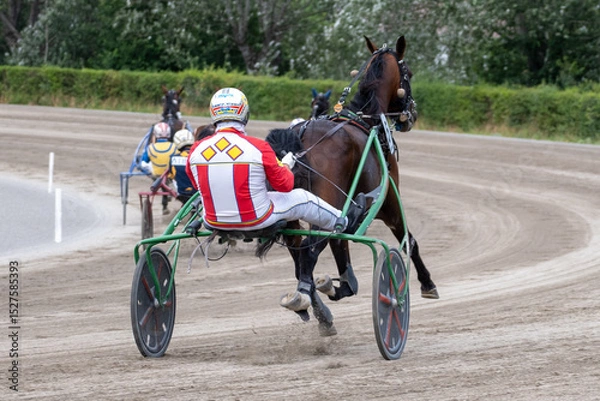 Obraz Modena, Italy – 05 18 2025: Racing horses trots and rider on a track of stadium. Competitions for trotting horse racing. Horses compete in harness racing. Horse runing at the track with rider.
