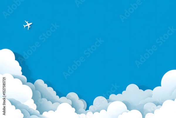 Fototapeta 青空を飛ぶ飛行機と雲のペーパークラフト風イラスト