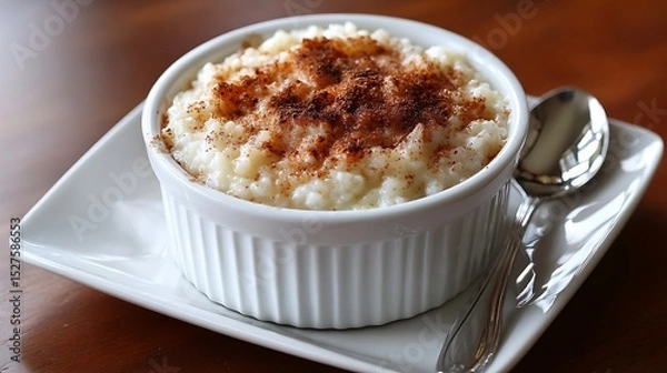 Fototapeta Rice Pudding Topped with Cinnamon in a White Ramekin