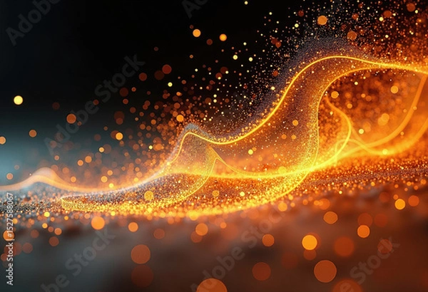 Fototapeta An abstract digital wave of flowing golden particles and light trails creates a dynamic and luxurious energy stream with sparkling bokeh on a dark background.
