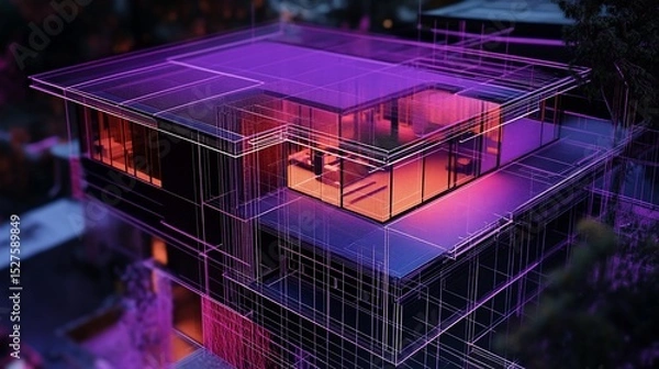 Obraz Architectural blueprint of a modern house rendered in wireframe view with purple and orange lighting