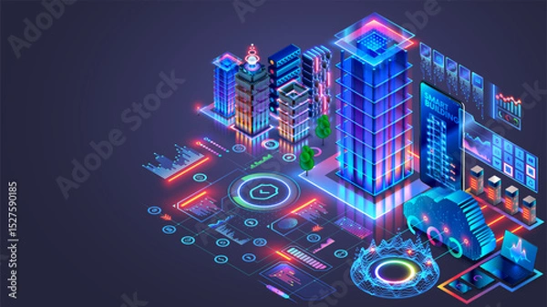 Fototapeta Development architecture AI computer systems of smart building. Smart house system programming software. Engineering development of building construction, communication, electricity with AI controls.