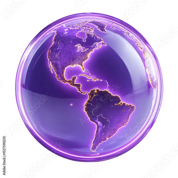 Obraz Stunning purple glass globe showing americas night lights detailed map of north and south america continents illuminated with vibrant purple glow digital on transparent background