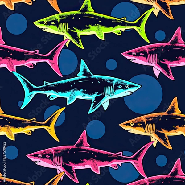 Fototapeta A vibrant seamless pattern of pop art sharks in glowing neon colors like green, pink, and cyan, swimming against a dark background with blue bubbles.

