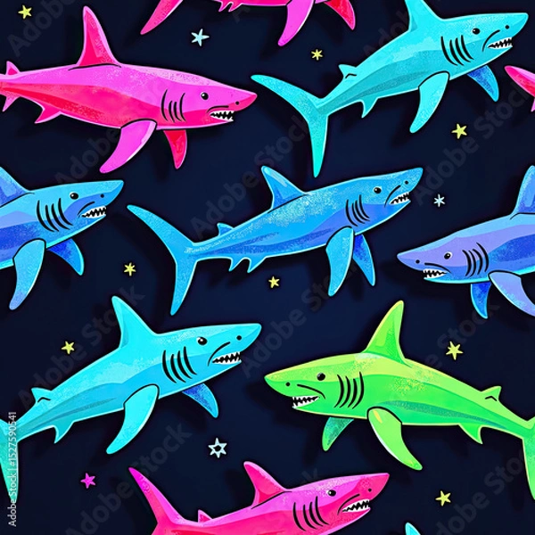 Fototapeta A vibrant, seamless pattern of colorful cartoon sharks in pink, blue, and green swimming on a dark starry background, perfect for fun textile or decor.
