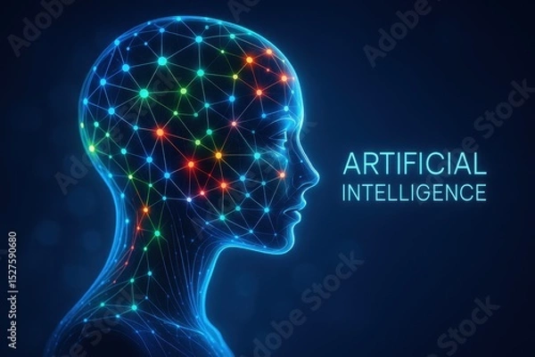 Fototapeta Intelligent Network: Captivating visual showcasing a luminous network interconnected in a head silhouette. A futuristic concept of AI and advanced technology.