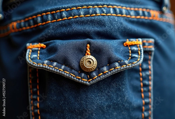 Fototapeta A macro view of a dark blue denim pocket showcasing thick, vibrant orange contrast stitching and a classic brass rivet, highlighting textile craftsmanship.
