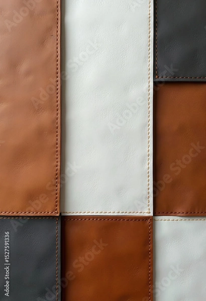 Fototapeta A vertical abstract composition of stitched faux leather panels in a modern color block design of white, black, and brown, ideal for creative backgrounds.
