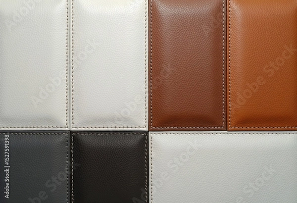 Fototapeta Geometric patchwork of stitched leather squares in a color block design of black, white, and brown, an ideal textured background for modern furniture.
