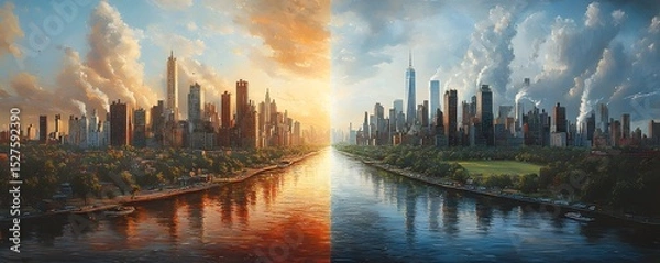 Fototapeta A sprawling metropolitan skyline of towering skyscrapers and high rise buildings reflected in the calm waters of a river set against a dramatic sky filled with vibrant orange pink
