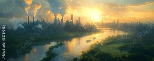 Fototapeta A striking contrast of a bustling urban center with towering skyscrapers and billowing smokestacks alongside lush green fields and a tranquil river