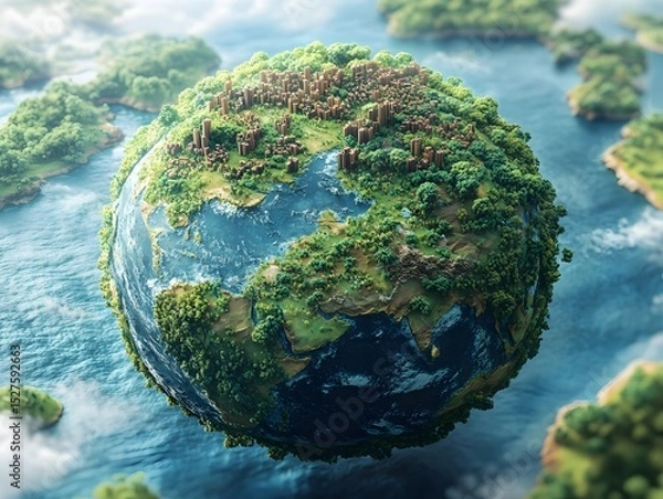 Fototapeta A surreal representation of our planet Earth showcasing a verdant and thriving world filled with diverse ecosystems and sustainable resources