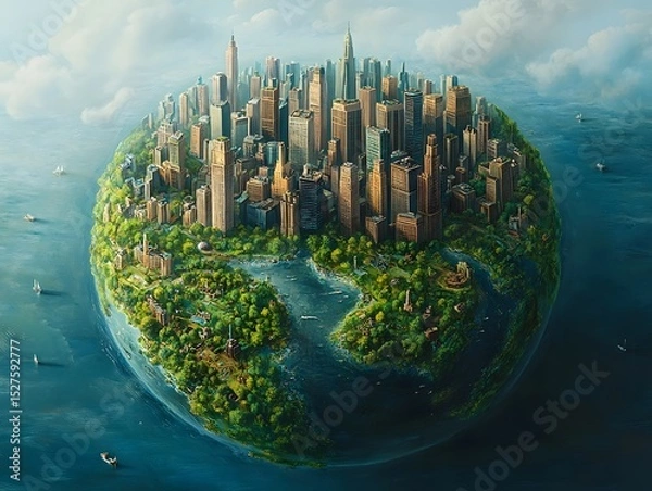 Fototapeta A surreal depicting a densely populated urban globe highlighting the uneven distribution of resources and development across the Earth s continents and landscapes