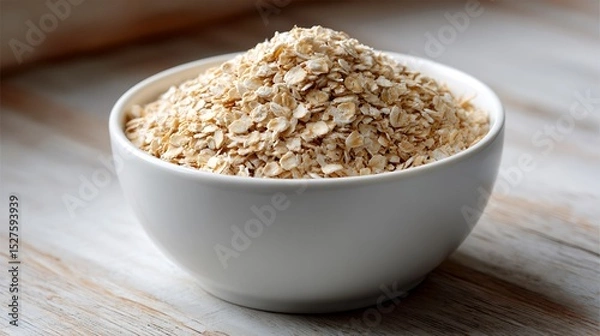 Fototapeta Bowl of Rolled Oats on Wooden Surface