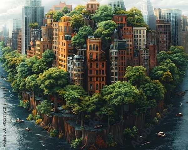 Fototapeta A visionary cityscape where towering skyscrapers and lush greenery exist in a delicate balance symbolizing the intersection of urban development and environmental preservation