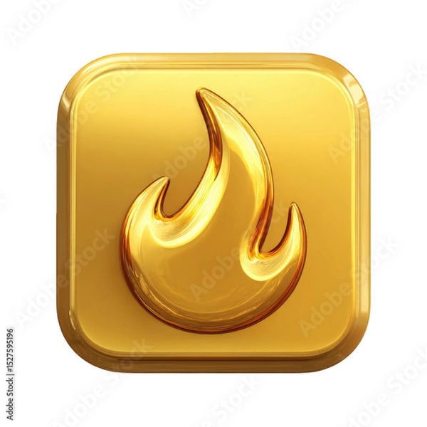 Fototapeta Golden flame icon on square button digital graphic design element 3d render shiny luxury gold fire symbol app button interface design modern technology on transparent background