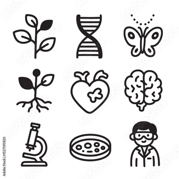 Obraz Science and Biology Icons Set - Cute Black and White Line Art Style