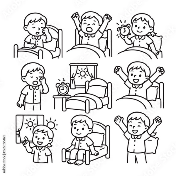 Obraz Morning Routine for Kids - Cute Black and White Line Art Illustration Set