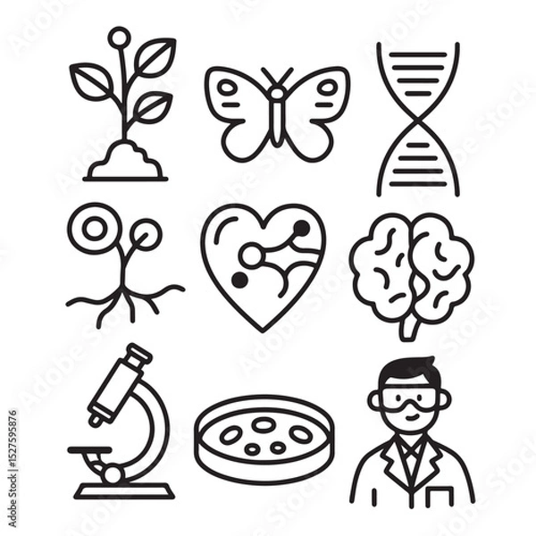 Obraz Biology and Science Line Icons Set - Black and White Vector for Education and STEM Projects