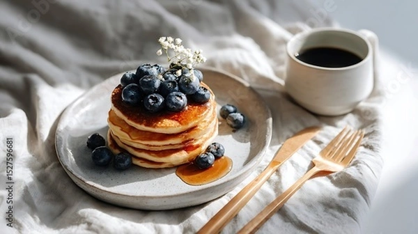 Fototapeta Stack of Pancakes Topped with Blueberries and Syrup, Served with a Cup of Coffee