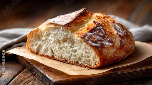 Fototapeta Freshly Baked Artisan Bread with Crusty Exterior and Soft Interior