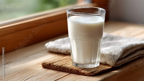 Fototapeta A glass of milk placed on a wooden surface near a window, with natural light enhancing its freshness.