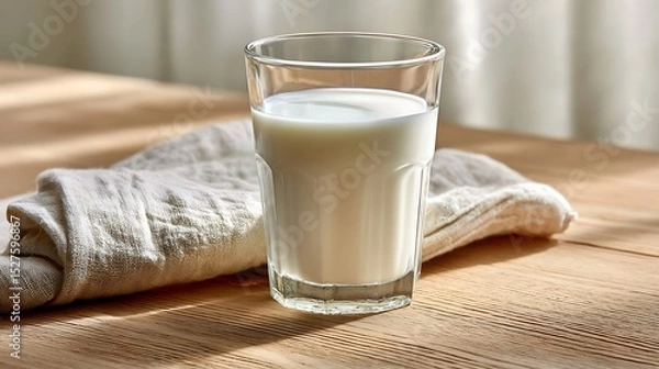 Fototapeta A glass of milk placed on a wooden table with a cloth napkin underneath, bathed in soft natural light.