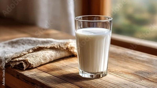 Fototapeta Glass of Milk on a Wooden Table Near a Window