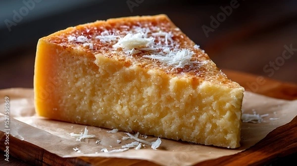 Fototapeta A slice of aged cheese with a golden rind, garnished with grated cheese on parchment paper.