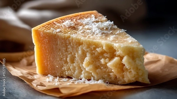 Fototapeta A slice of aged hard cheese with a crumbly texture, garnished with grated cheese on top.