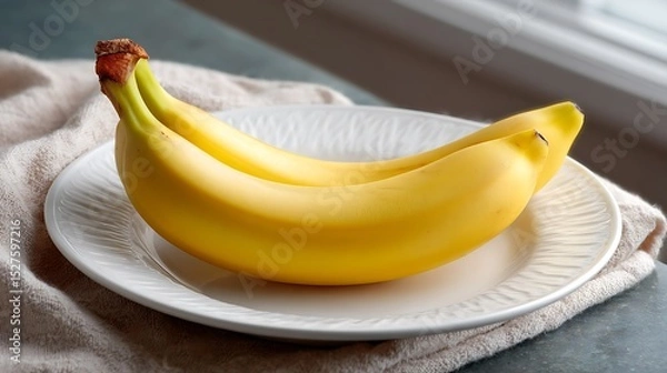 Fototapeta Two ripe bananas placed on a white plate over a cloth napkin near a window