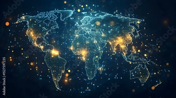 Fototapeta A detailed world map depicting the global network of connectivity data and population distribution across continents and regions