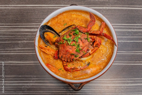 Fototapeta It is usually made in a clay pot, with a base of seafood and broth