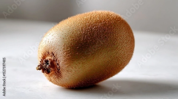 Fototapeta A single kiwi fruit with a fuzzy brown skin resting on a light surface