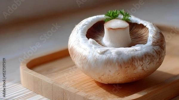 Fototapeta Hollowed Mushroom Cap with Miniature Mushroom Inside, Garnished with Herbs