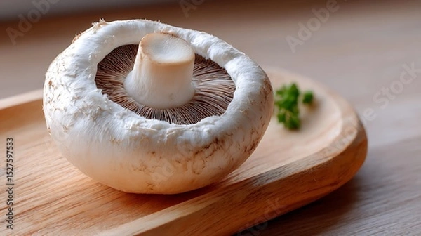 Fototapeta Fresh Mushroom on Wooden Board with Garnish