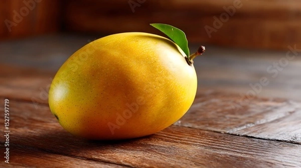 Fototapeta Ripe Mango with Green Leaf on Wooden Surface