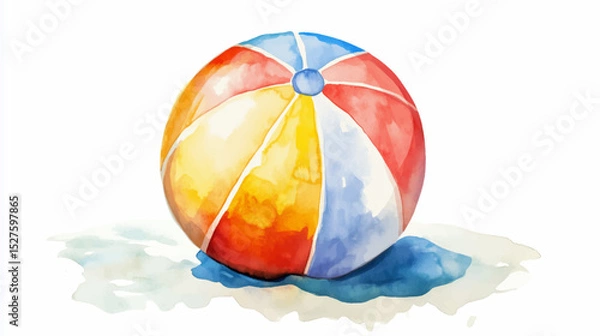 Fototapeta Vector illustration, watercolor painting depicts a classic beach ball with red, yellow, blue, on white background.