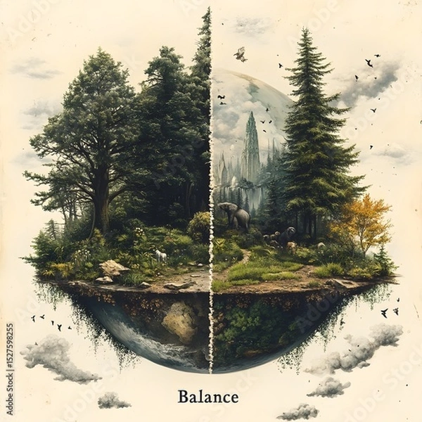 Fototapeta A dreamlike scene where a floating island is divided between a dense shadowy forest and a lush verdant landscape symbolizing the delicate balance of nature
