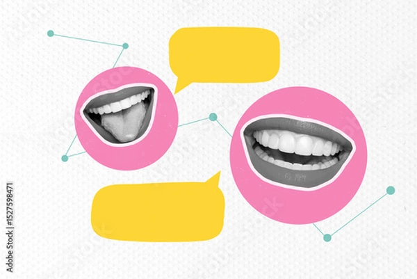Fototapeta Trend composite sketch template photo collage of text box comic note speech message two silhouette mouth rumor talking lips fragment face