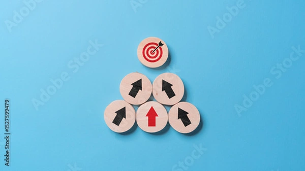 Obraz Business growth success achievement concept, arranging wooden block stacking as step stair or ladder for planning development leadership and customer target group concept.