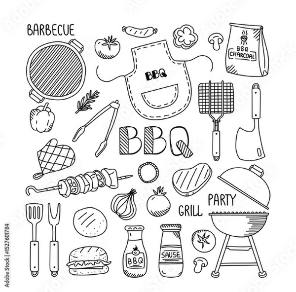 Obraz Grill party, outdoors picnic set with barbecue tools and ingredients sketch for cooking and fun