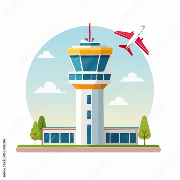 Fototapeta Airport Control Tower: A vibrant illustration of an airport control tower with an airplane taking off, set against a bright, sunny sky.