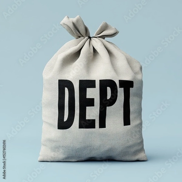 Fototapeta a realistic fabric sack with bold black text "DEPT" printed on it, standing upright on a light blue backdrop 1